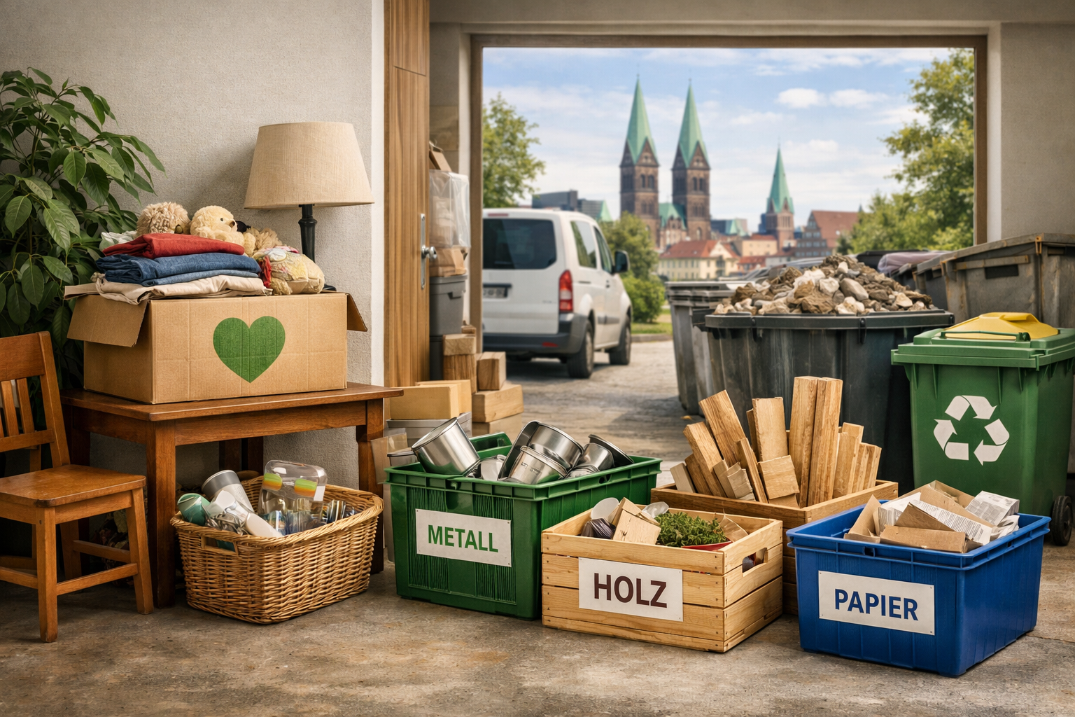 Nachhaltige Entrümpelung in Bremen mit Recycling und Weitergabe von Möbeln an soziale Einrichtungen